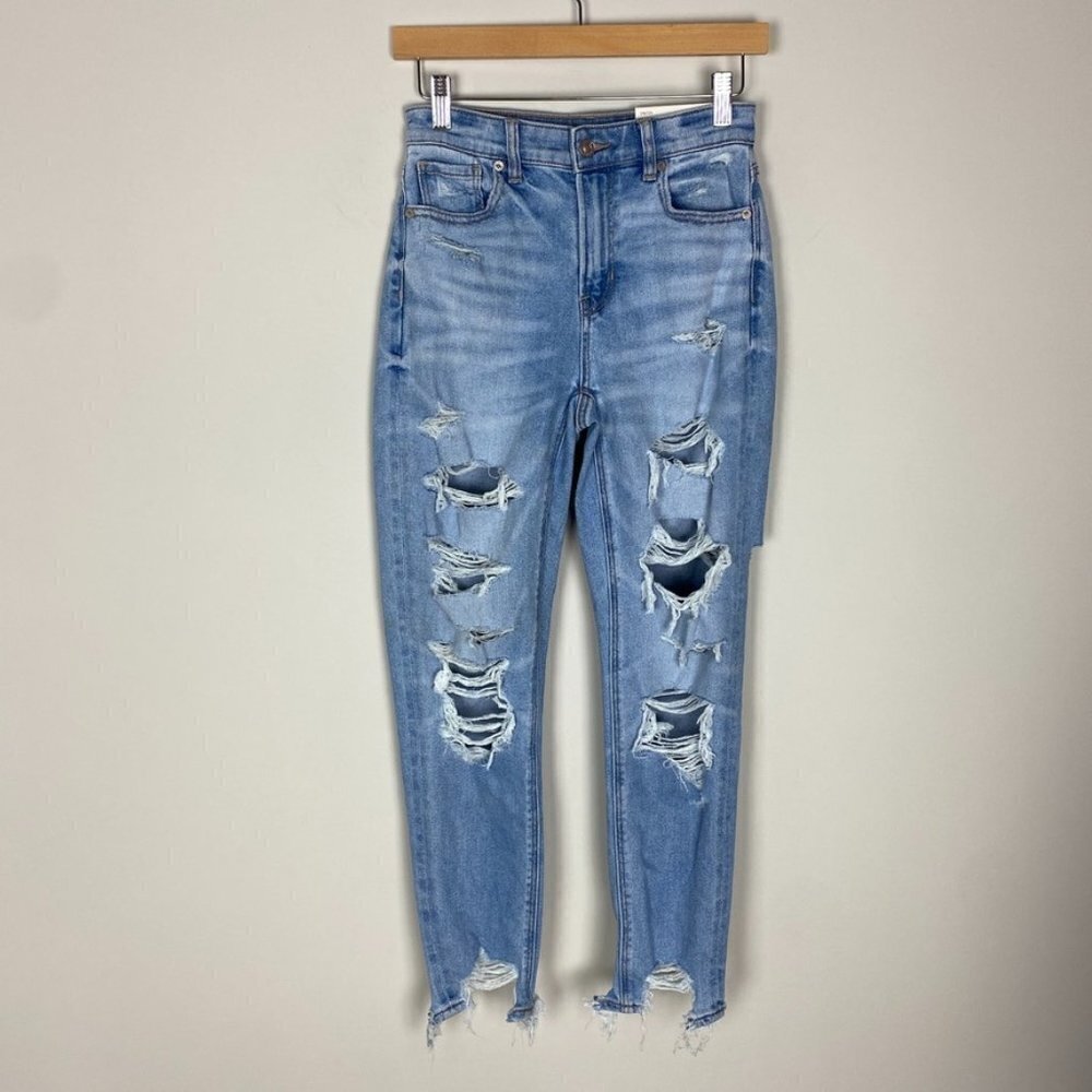 American Eagle Mom Jeans Daylight Destroy Stretch Womens 0 Distressed High Rise